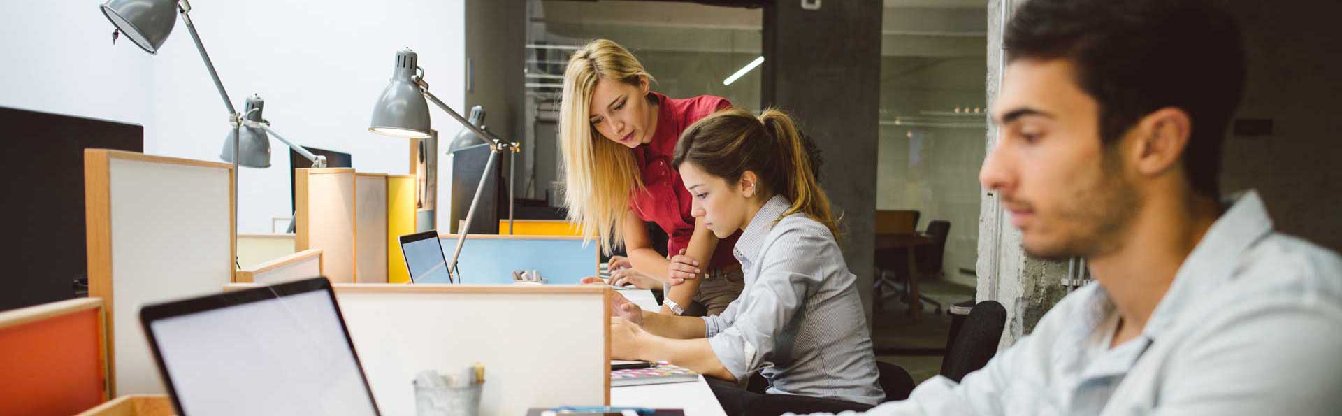 man using laptop at desk with two woman working together in the background